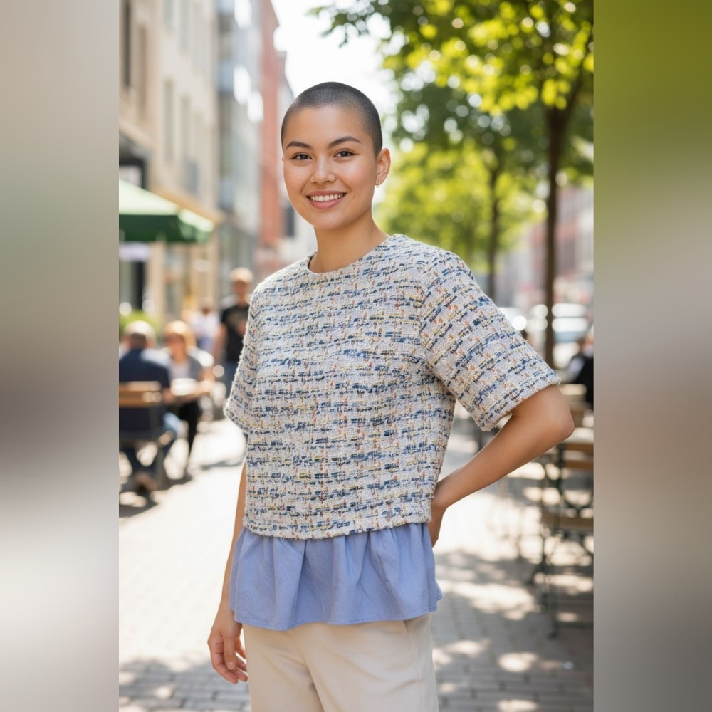Halogen Short Sleeve Textured Tweed Top with Blue Ruffle Hem